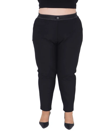 Ekstra Battal Dar Paça Toparlayıcı Yüksek Belli Paçası Fermuarlı Beli Lastikli Kadın Pantolon - Resim 2