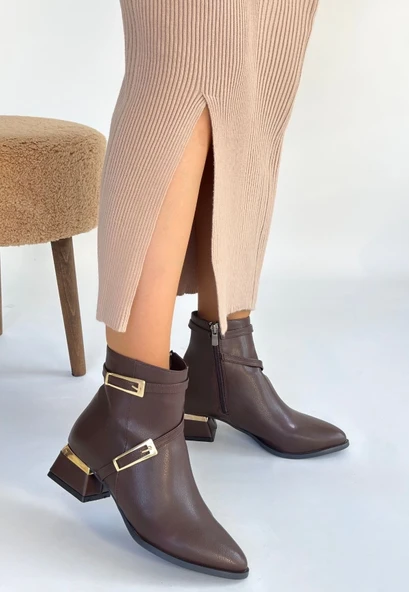 İnay Kahverengi Cilt Topuklu Bot - Resim 2