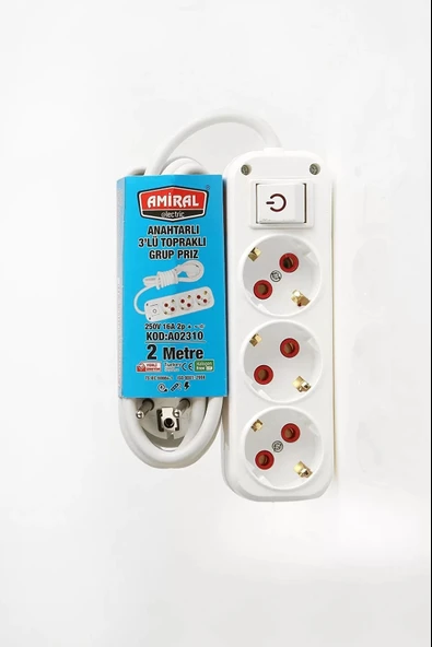 Amiral 3' Lü Topraklı Anahtarlı 2 Metre Kablolu Grup Priz ürün görseli 1