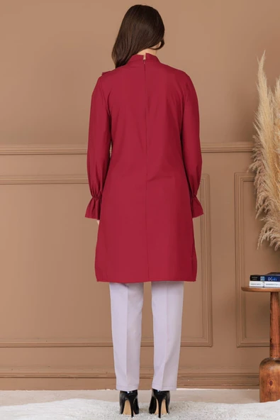 Asel Tunik Pantolon İkili Tesettür Takım Bordo - Resim 4