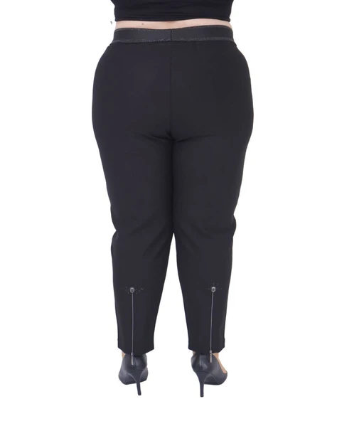 Ekstra Battal Dar Paça Toparlayıcı Yüksek Belli Paçası Fermuarlı Beli Lastikli Kadın Pantolon - Resim 4