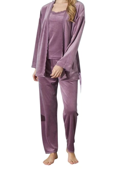 Modalove Kadın 3 Lü Sabahlıklı Fransız Kadife Pijama Takımı - 6