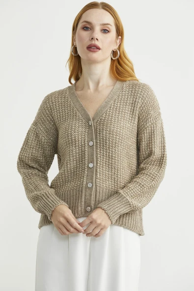 Payet Detaylı Yünlü Triko Hırka - Koyu Bej - Resim 2