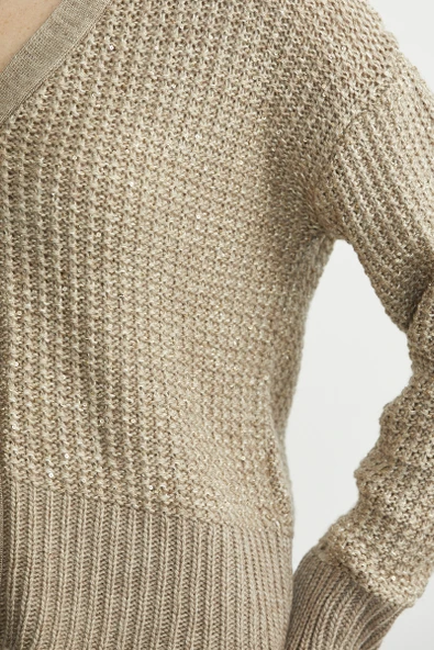 Payet Detaylı Yünlü Triko Hırka - Koyu Bej - Resim 5