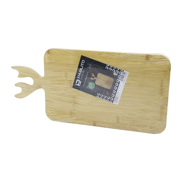 DİKDÖRTGEN AHŞAP BAMBU KESİM PANOSU - KESME TAHTASI GEYİK BOYNUZ FİGÜR SAPLI 22X36CM (5365) ürün görseli