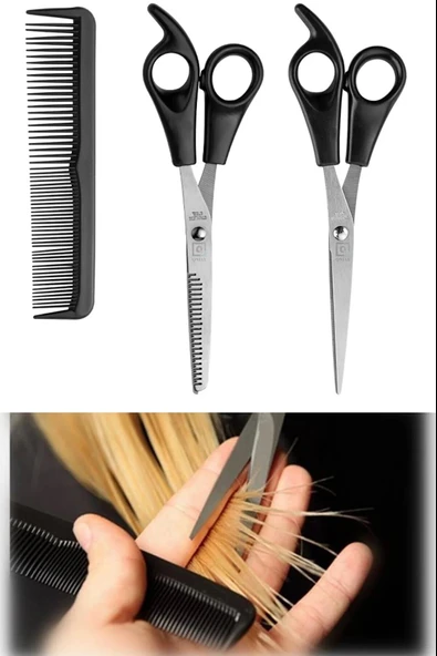 Çelik - Berber - Kuaför Traş Seti - Kuaför Makası - Ara Makas - Tarak - Resim 3