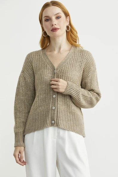 Payet Detaylı Yünlü Triko Hırka - Koyu Bej ürün görseli