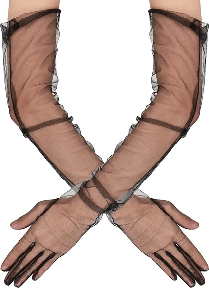 Uzun Boy Likralı Siyah Yetişkin Mega Tül Eldiven ürün görseli