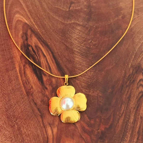 Çelik Papatya Model Gold Kadın Kolye - Resim 2