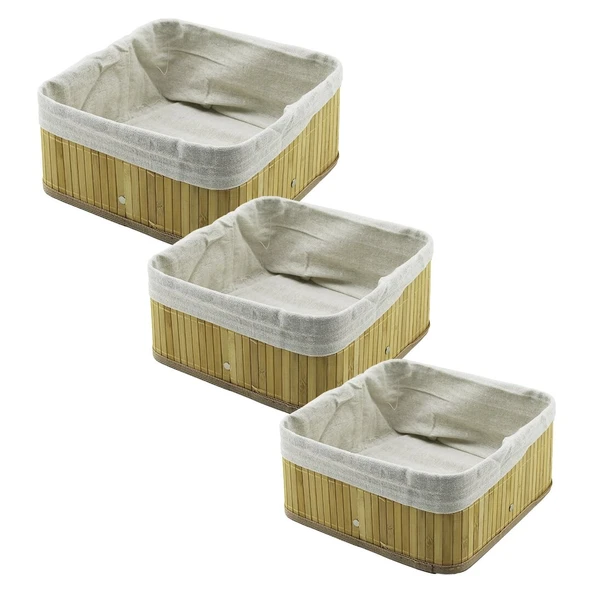 3 BOY KARE BAMBU KENAR ORGANİZER SEPET AHŞAP ALTLIK - BEZLİ 17X17-21X21-26X26CM (5365) ürün görseli