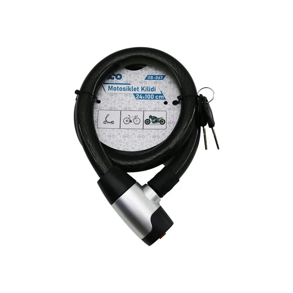 ANAHTARLI METAL KAPLAMA KAFA ÇEK-İT KİLİT KAPAK MOTOR - BİSİKLET KİLİT ÇELİK TEL SİYAH ŞEFFAF KILIF 24MMX100CM (5365) ürün görseli