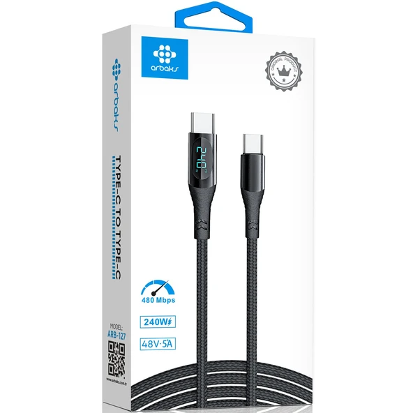 240W Type-C to Type-C Hızlı Şarj Kablosu -Dijital Göstergeli , 5A, 480 Mbps, Örgülü Dayanıklı Tasarım Arbaks ARB-127 ürün görseli