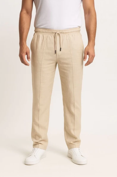 Erkek Keten Pantolon – Cepli, Beli Lastikli Ve Bağcıklı, Nefes Alan Rahat Kalıp, Yazlık Ve Baharlık Günlük Giyim, Şık - Konforlu Boru Paça Model - Bej - Resim 4