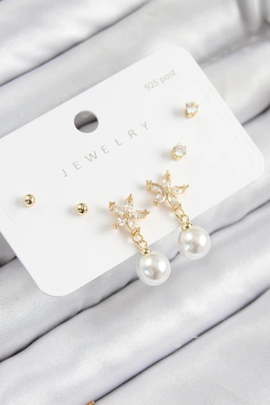 Pirinç Zirkon Taşlı İnci Sallantılı Çiçek Model Gümüş Renk 925 Ayar Gümüş Çivi Kadın Küpe Set - TJ-BKP11176 ürün görseli