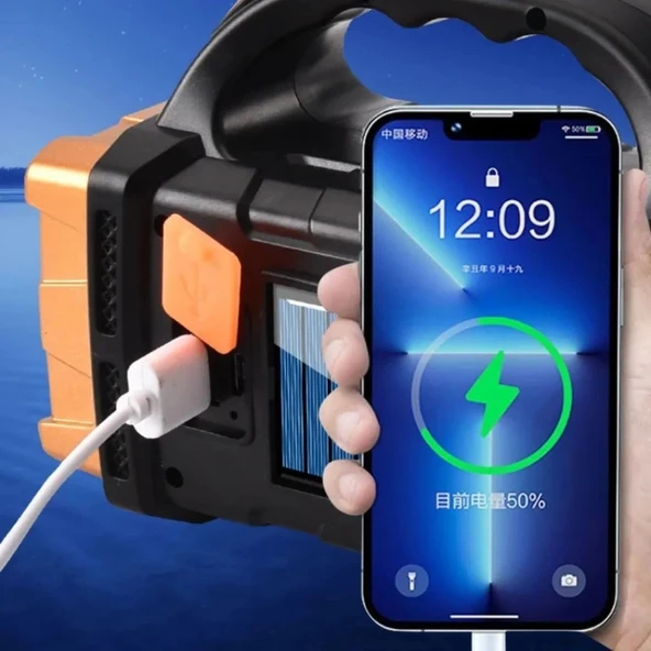 Solar ve USB Şarjlı LED + COB El Feneri | 1500 mAh Şarjlı Taşınabilir Çalışma Işığı–Su Geçirmez (5365) - Resim 4