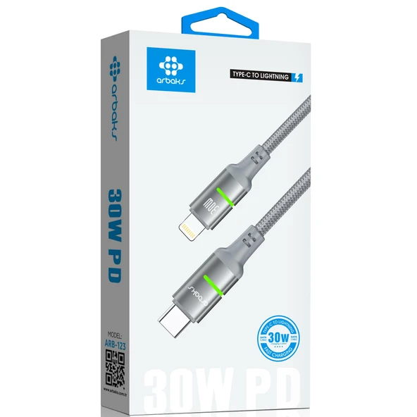 Type-C to Lightning 30W PD Hızlı Şarj Kablosu - Örgülü, LED Işıklı, Dayanıklı Tasarım Arbaks ARB-123 ürün görseli 1