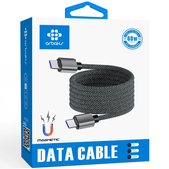 Manyetik Type-C to Type-C 60W Hızlı Şarj Kablosu - Örgülü, Güçlü Mıknatıslı, Dayanıklı Tasarım Arbaks ARB-126 ürün görseli