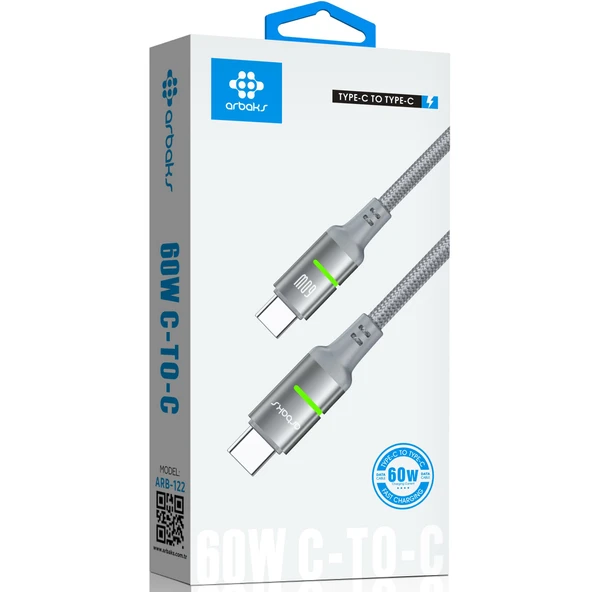 Type-C to Type-C 60W Hızlı Şarj ve Data Kablosu - Örgülü, Dayanıklı, LED Işıklı Tasarım Arbaks ARB-122 ürün görseli