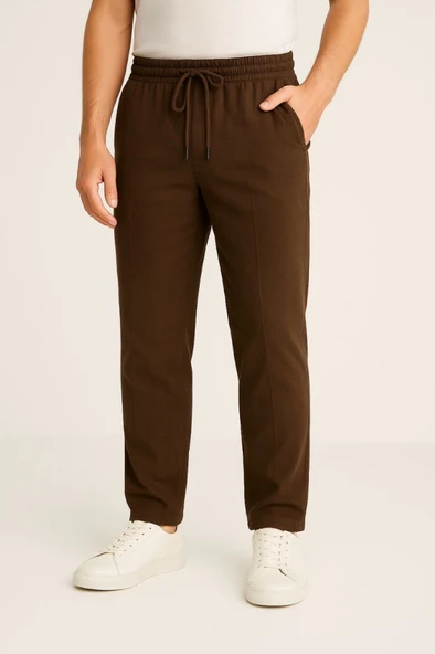 Erkek Keten Pantolon – Cepli, Beli Lastikli Ve Bağcıklı, Nefes Alan Rahat Kalıp, Yazlık Ve Baharlık Günlük Giyim, Şık - Konforlu Boru Paça Model - Kahverengi ürün görseli