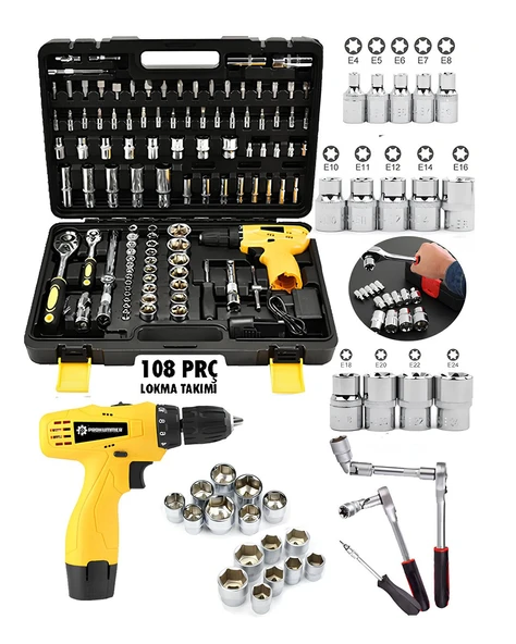 Prohummer PH309 108 Parça Full Set Akülü Vidalama Matkap Ve Lokma Ve Uç Takım Seti Çantalı - Resim 2