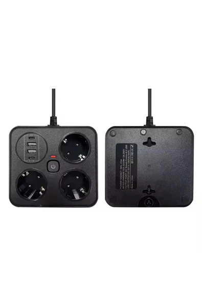 Akım Korumalı Anahtarlı Priz - 3x Priz - 2x Usb - 2x Type-c - 2 Mt Kablo Hızlı Şarj Özellikli Siyah ürün görseli 1