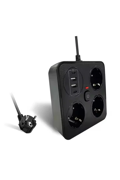 Akım Korumalı Anahtarlı Priz - 3x Priz - 2x Usb - 2x Type-c - 2 Mt Kablo Hızlı Şarj Özellikli Siyah - Resim 2