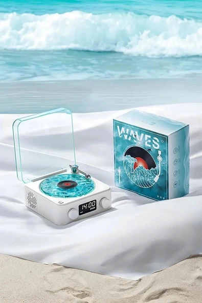 Waves Nostalji Plak Görünümlü Bluetooth Hoparlör 3d Ses Dalgası Retro Müzik Plak Mavi - Resim 2
