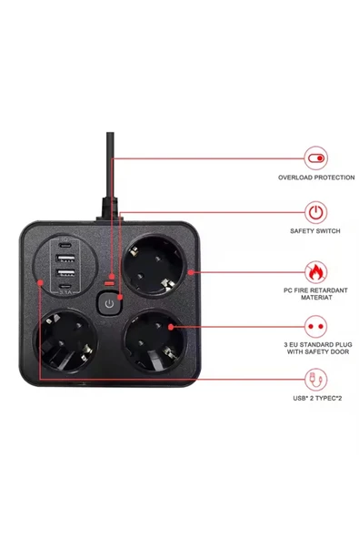 Akım Korumalı Anahtarlı Priz - 3x Priz - 2x Usb - 2x Type-c - 2 Mt Kablo Hızlı Şarj Özellikli Siyah - Resim 7