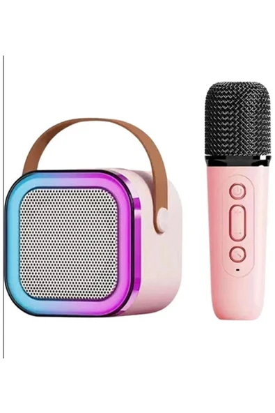 Karaoke Kablosuz Hoparlör Mikrofonlu Rgb Işıklı Bluetooth Speaker Tf Kart/usb Pembe - Resim 3