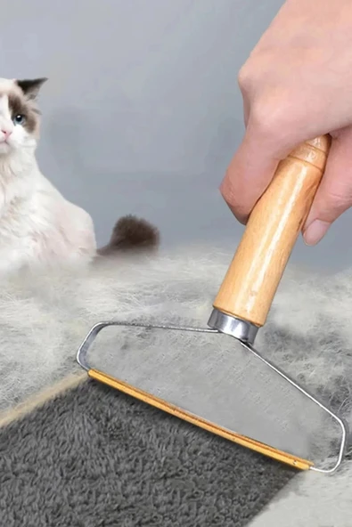 Ahşap Saplı Metal Kazak - Elbise - Halı Tüyü Temizleme Çift Taraflı Tüy Tiftik Toparlayıcı - 3