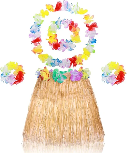 Yetişkin Çocuk Hawaii Parti Seti - 40 cm Naturel Etek + Çiçek Aksesuarlar (5 Parça) (5365) - Resim 2