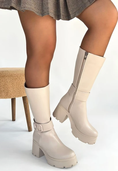 Moki Bej Cilt Topuklu Çizme - Resim 3