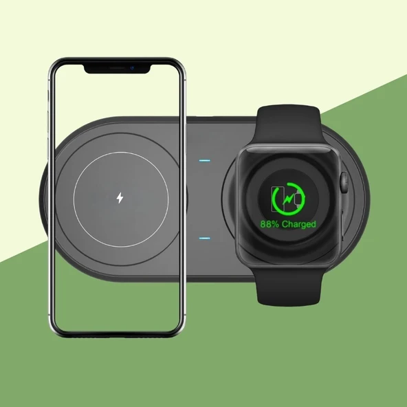 2si 1arada Kablosuz Saat,Kulaklık ve Telefon Hızlı Şarj Etme Aparatı (5365) ürün görseli