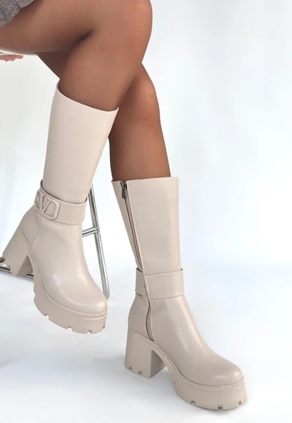 Moki Bej Cilt Topuklu Çizme ürün görseli 1