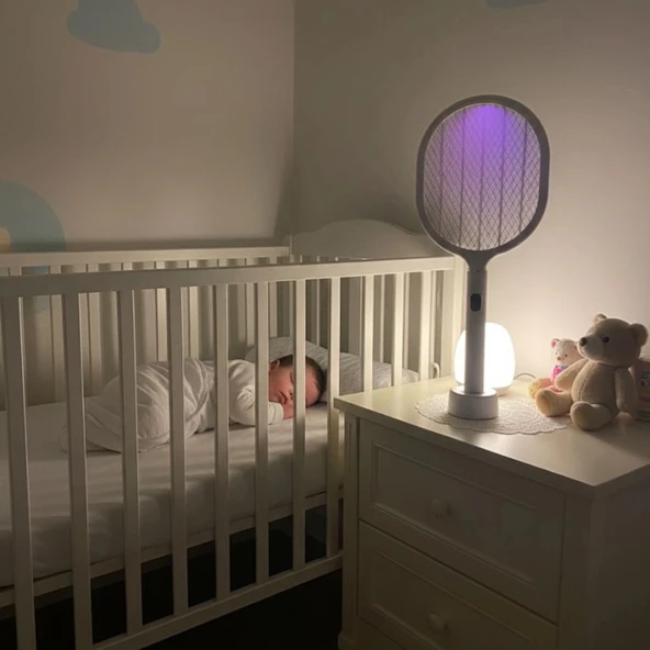 USB Şarjlı Beyaz Renk Kendiliğinden Standlı Şarj Göstergeli UV Işıklı Sinek Öldürme Raketi LTD-718 (5365) - Resim 3