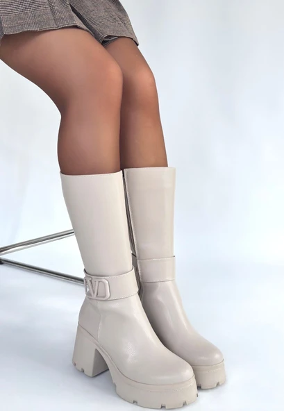 Moki Bej Cilt Topuklu Çizme - Resim 2