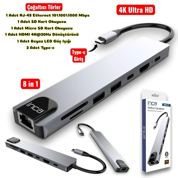 Technow 8 in1 4K Ultra HD Type C USB 3.0 Hub HDMI RJ45 SDTF Adaptör Çoklayıcı - Resim 2