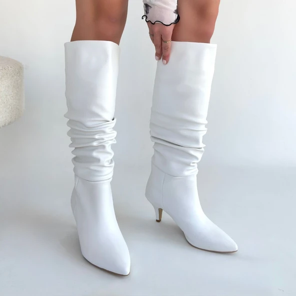 Zelya Beyaz Cilt Topuklu Çizme - Resim 4