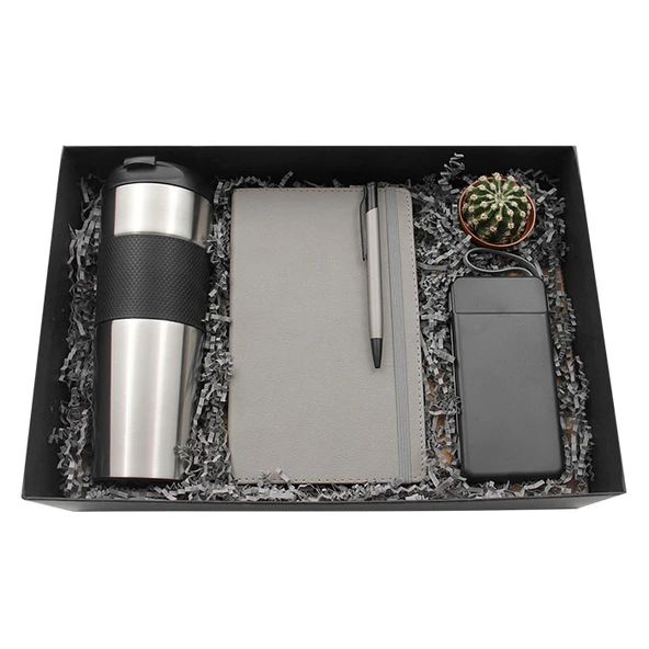 Modern Gri Dörtlü Vip Hediye Seti / Ajanda, Kalem, Termos ve Powerbank - Resim 2