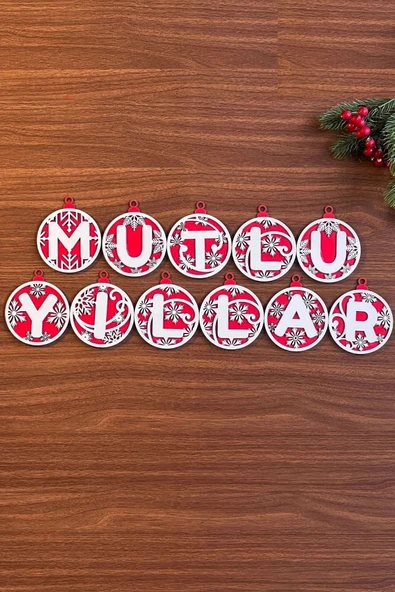 11 Harfli Kırmızı Beyaz İpli MUTLU YILLAR Yazılı Ahşap Yılbaşı Ağaç Süsü (5365) - Resim 4