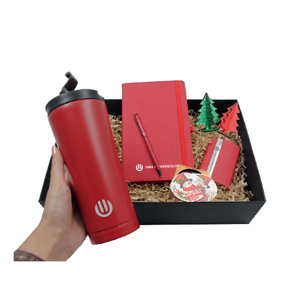 Kırmızı Dörtlü Set | VIP Hediye Özel Kutusu ile - Termos, Defter, Defter ve Kartvizitlik ürün görseli