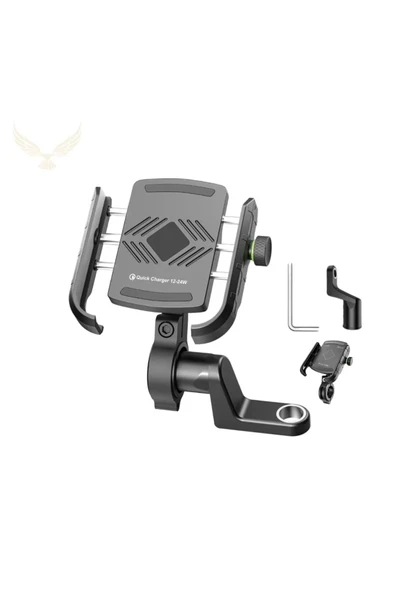Motosiklet Gidon Ve Ayna Bağlantılı Motor Ve Bisiklet Uyumlu Telefon Tutucu 12-24w Hızlı Şarj - Resim 3