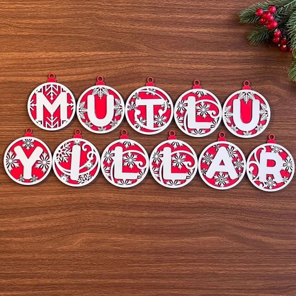 11 Harfli Kırmızı Beyaz İpli MUTLU YILLAR Yazılı Ahşap Yılbaşı Ağaç Süsü (5365) ürün görseli