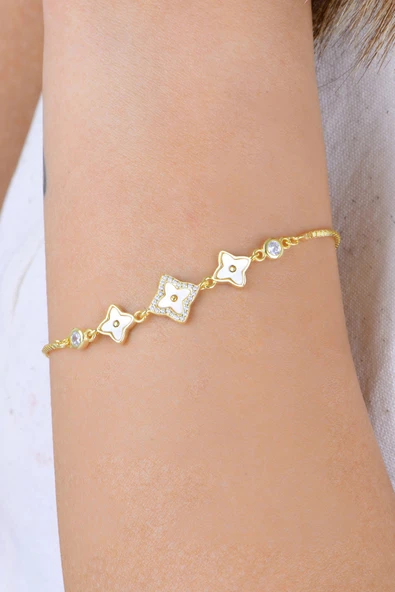 Gümüş altın yaldızlı sedef ve zirkon taşlı tria şans yıldızı yonca bileklik SGTL12916GOLD - Resim 3