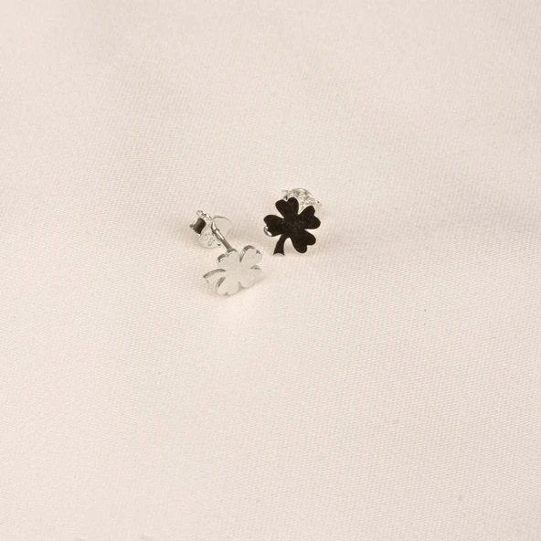 Gümüş Küpe - 925 Ayar Gümüş Minimal Yonca Yaprağı Küpe - 7