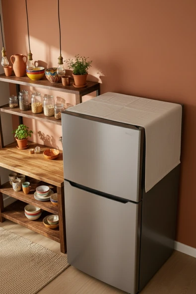 Ham Bez Buzdolabı Üstü Örtüsü Naturel Kumaş 65x120 cm Toz ve Leke Koruyucu Kılıf