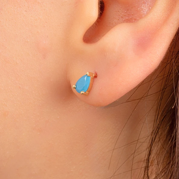 Gümüş Küpe - 925 Ayar Gümüş Damla Modelli Firuze (Turkuaz) Taşlı Küpe - 2