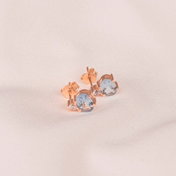 Gümüş Küpe - 925 Ayar Gümüş Oval Blue Topaz Taşlı Tektaş Küpe - 7