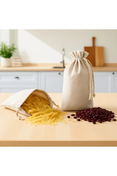 Organik Pamuklu Gıda Torbası 2'li Set Doğal Nefes Alan Yeniden Kullanılabilir Mutfak Saklama Poşeti