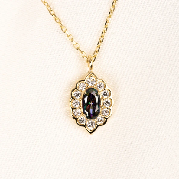 Gümüş Kolye - Oval Mistik Topaz Taşlı Yanları Zirkon Taşlı Modern Tasarım 925 Ayar Gümüş Kolye - 5